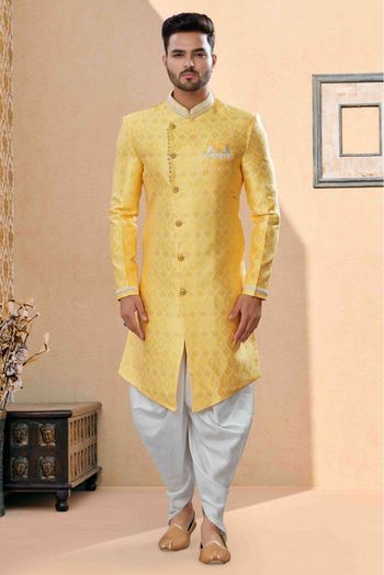 Banarasi Jacquard Dhoti Sherwani In Yellow Colour - SH4120643