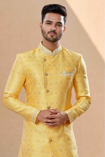 Banarasi Jacquard Dhoti Sherwani In Yellow Colour - SH4120643