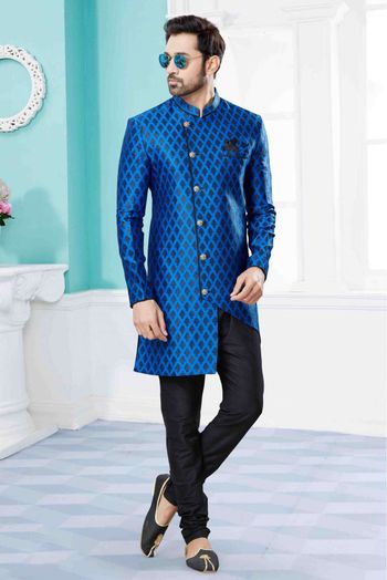 Banarasi Jacquard Indo Western In Blue And Black Colour - SH4120647