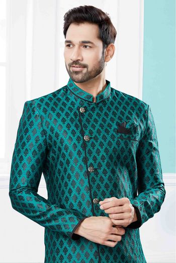 Banarasi Jacquard Indo Western In Green And Black Colour - SH4120652