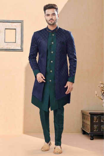 Banarasi Jacquard Indo Western In Navy Blue And Green Colour - SH4120638