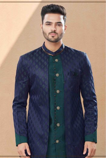 Banarasi Jacquard Indo Western In Navy Blue And Green Colour - SH4120638