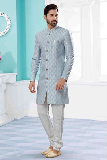 Banarasi Jacquard Indo Western In Sky Blue Colour - SH4120657