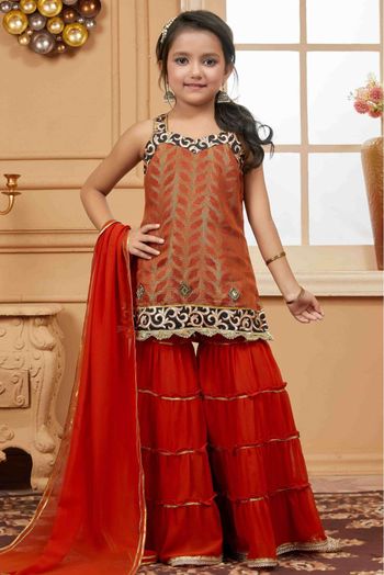 Brocade Sharara Suit In Rust Colour - GK2711209