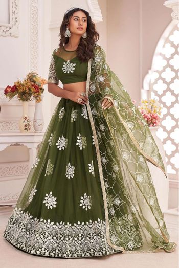 Butterfly Net Embroidery Lehenga Choli In Mehendi Green Colour - LD5416174