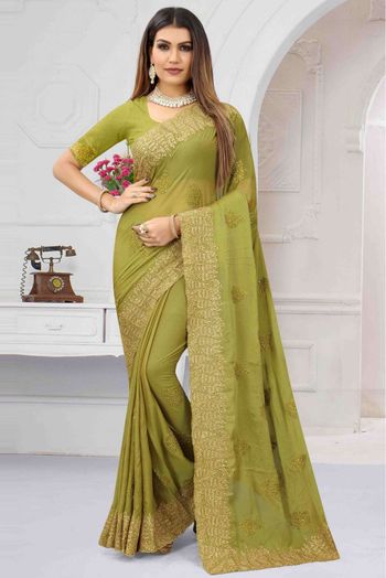 Chiffon Embroidery Saree In Pista Green Colour - SR1543783