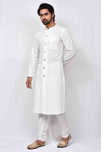 Blue chikankari kurta with off white pyjama - set of two by The