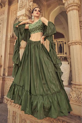 Chinon Embroidery Lehenga Choli In Green Colour - LD5416165