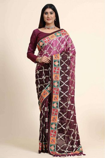 Chinon Silk Embroidery Saree In Wine Colour - SR5416215