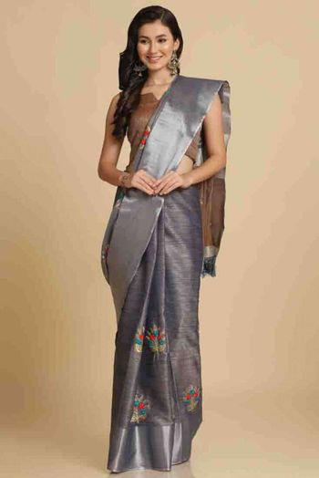 Cotton Silk Embroidery Saree In Grey Colour - SR4840405