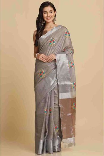 Cotton Silk Embroidery Saree In Grey Colour - SR4840407