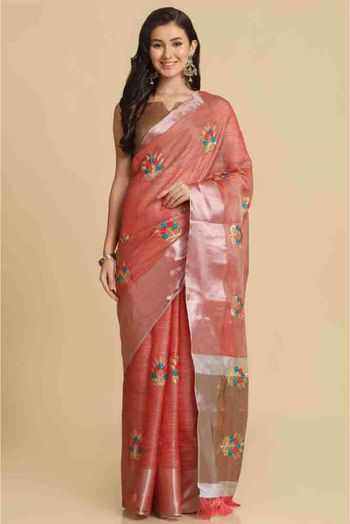 Cotton Silk Embroidery Saree In Peach Colour - SR4840409