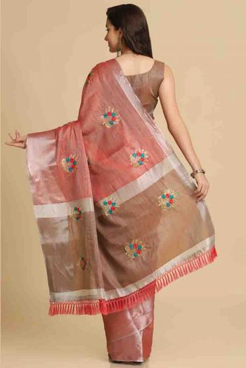 Cotton Silk Embroidery Saree In Peach Colour - SR4840409