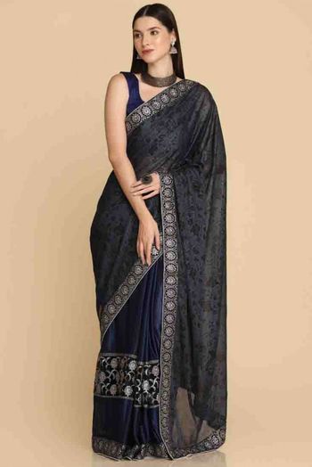 Crepe Printed Saree In Blue Colour - SR4840386