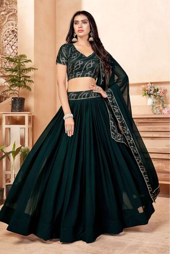 Dark Green Embroidered Velvet Semi Stitched Lehenga With Dupatta - Divine  International Trading Co - 3176095