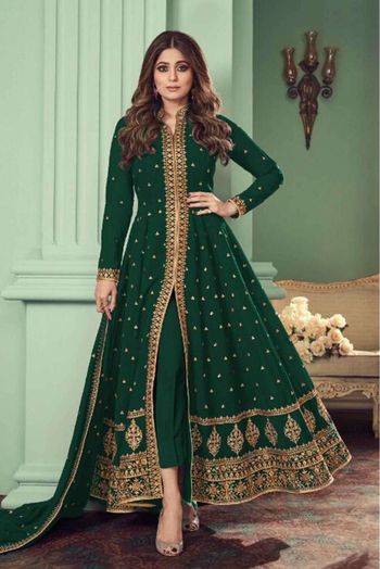 Faux Georgette Embroidery Pant Style Suit In Green Colour - SM1775504