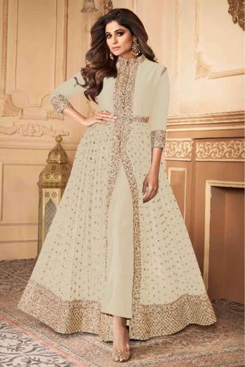 Faux Georgette Embroidery Pant Style Suit In White Colour - SM1775513