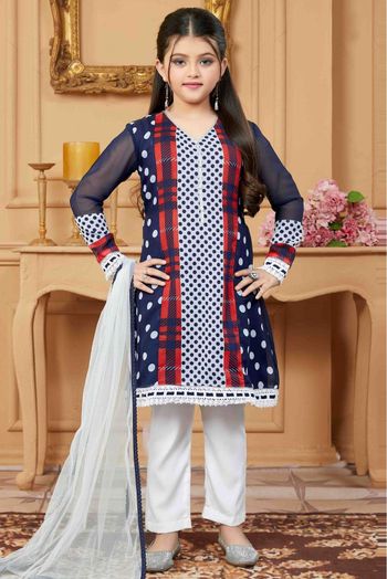 Faux Georgette Pant Style Suit In Navy Blue  Colour - GK2711240