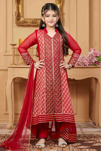 Faux Georgette Pant Style Suit In Red Colour - GK2711211