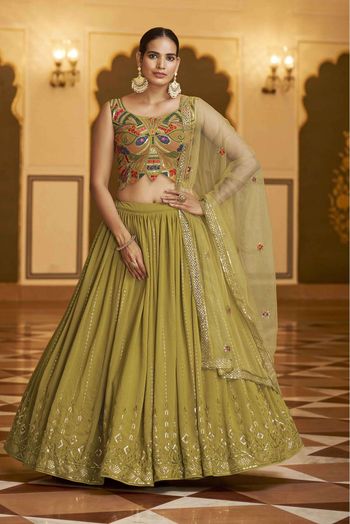 Georgette Embroidery Lehenga Choli In Green Colour - LD3211013