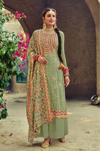 Georgette Embroidery Palazzo Pant Suit In Green Colour - SM1775458