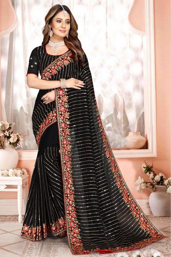 Georgette Embroidery Saree In Black Colour - SR4690789