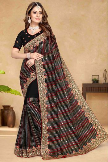 Georgette Embroidery Saree In Black Colour - SR4690796