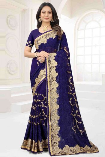 Georgette Embroidery Saree In Blue Colour - SR4690825