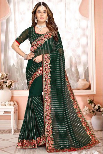 Georgette Embroidery Saree In Green Colour - SR4690792