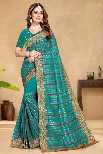 Georgette Embroidery Saree In Green Colour - SR4690802