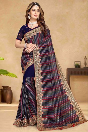 Georgette Embroidery Saree In Navy Blue Colour - SR4690798