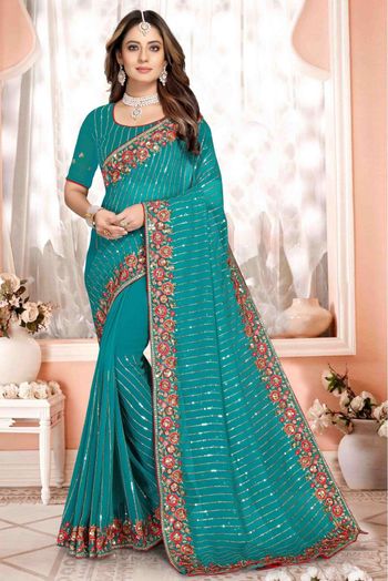 Georgette Embroidery Saree In Rama Green Colour - SR4690795