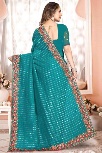 Georgette Embroidery Saree In Rama Green Colour - SR4690795