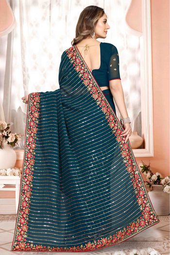 Georgette Embroidery Saree In Teal Colour - SR4690793