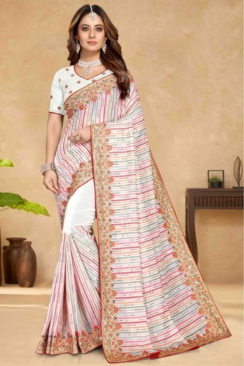 Georgette Embroidery Saree In White Colour - SR4690797