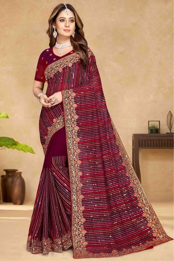 Georgette Embroidery Saree In Wine Colour - SR4690801