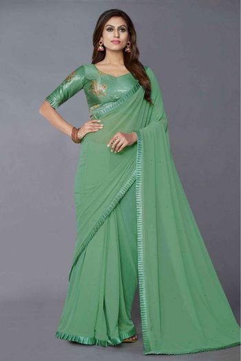 Georgette Sequins Work Saree In Green Colour - SR4901089