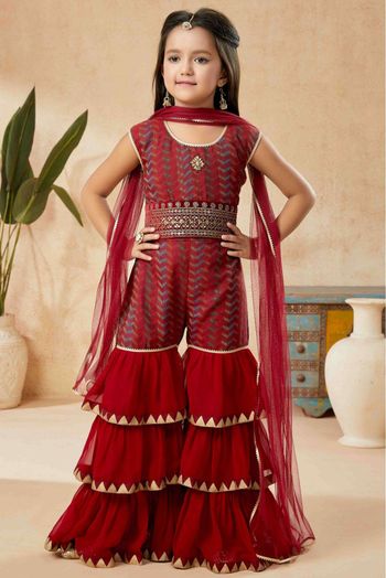 Handloom Silk Sharara Suit In Maroon Colour - GK2711226