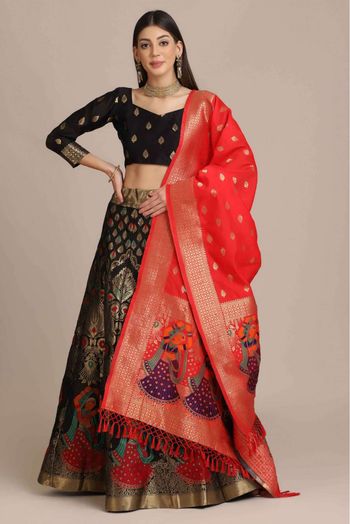 Jacquard  Woven Lehenga Choli In Black Colour - LD5680367