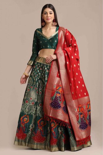 Jacquard  Woven Lehenga Choli In Green Colour - LD5680369