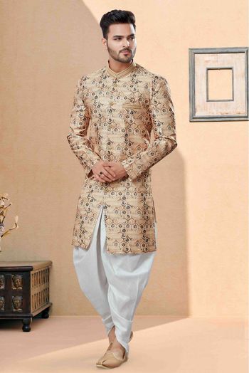 Jacquard Dhoti Sherwani In Beige Colour - SH4120601