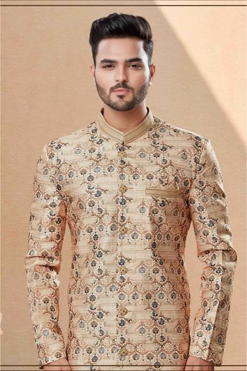 Jacquard Dhoti Sherwani In Beige Colour - SH4120601