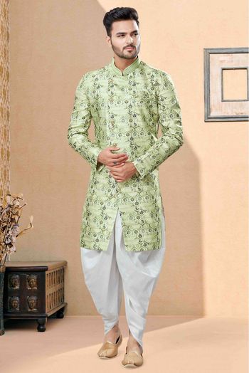 Jacquard Dhoti Sherwani In Green Colour - SH4120599