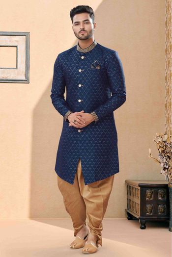 Jacquard Dhoti Sherwani In Navy Blue Colour - SH4120614