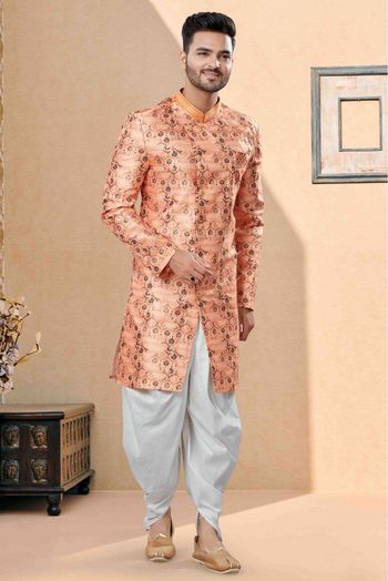 Jacquard Dhoti Sherwani In Peach Colour - SH4120603