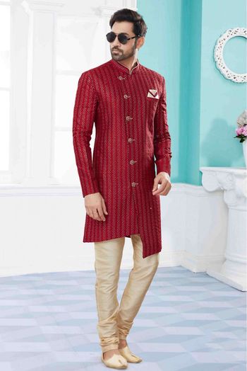 Jacquard Sherwani In Maroon Colour - SH4120629