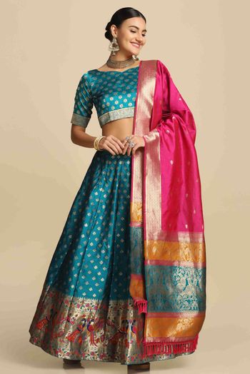 Jacquard Silk Woven Lehenga Choli In Rama Green Colour - LD5680416