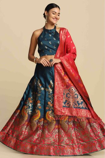 Jacquard Silk Woven Lehenga Choli In Teal Blue Colour - LD5680470