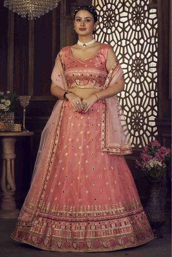 Net Embroidery Lehenga Choli In Peach Colour - LD5680432