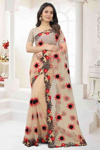 Net Embroidery Saree In Cream Colour - SR1543792